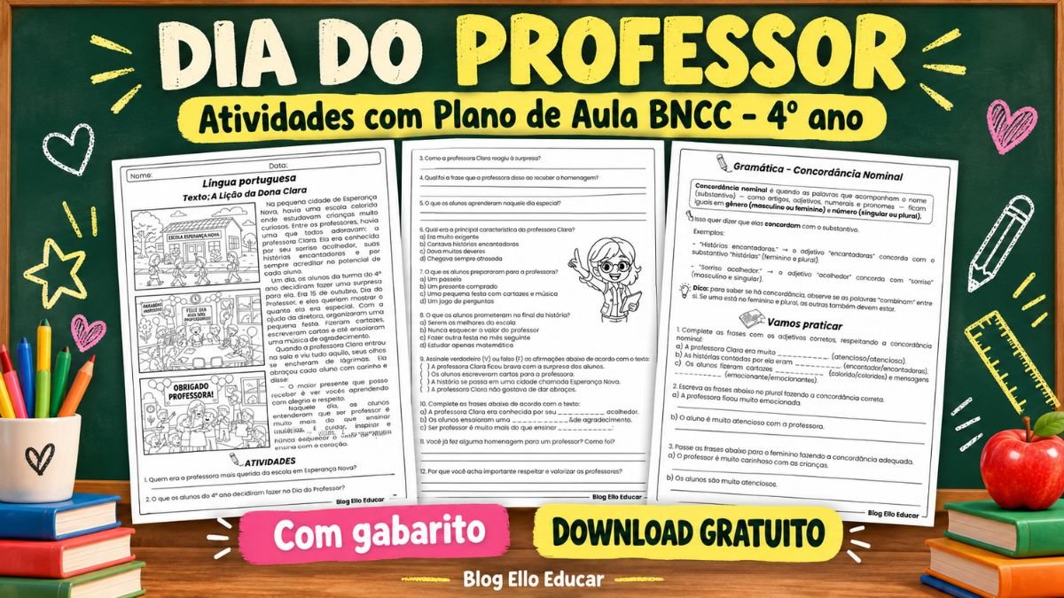 Atividades do Dia do Professor 4º ano: PDF gratuito com gabarito e plano de aula
