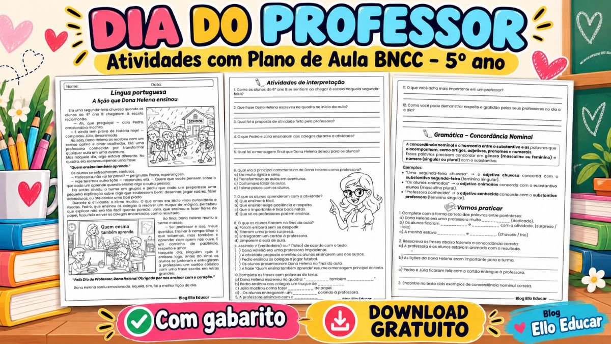 Atividades do Dia do Professor 5º ano: Material Gratuito com Plano de Aula